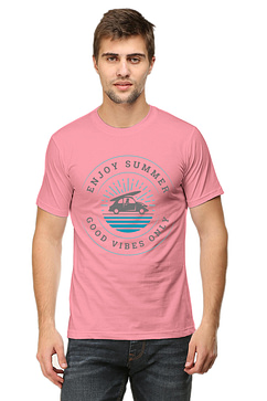 The image shows a person wearing a pink summer t-shirt with a graphic design on the front. The design includes text and an illustration of what appears to be a boat on water.