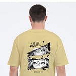 light yellow Oversized anime t shirt with black and white graphics and Japanese text