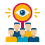 An icon depicting five stylized people in blue under a large red circle with a yellow eye, symbolizing product oversight or observation.