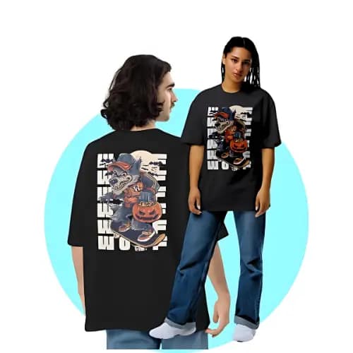 LOOGA Online Shop | Buy Trendy T Shirts For Men & Women 24 Two models in unisex oversized t-shirts with bold graphic print against teal backdrop