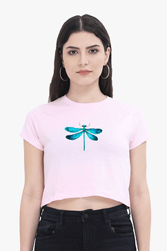 Pink crop tshirt for women with a blue dragonfly graphic,