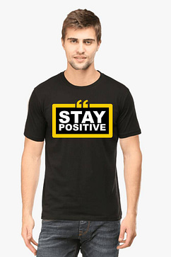 Black inspirational t shirt with ‘STAY POSITIVE’ message in white text on a yellow rectangle