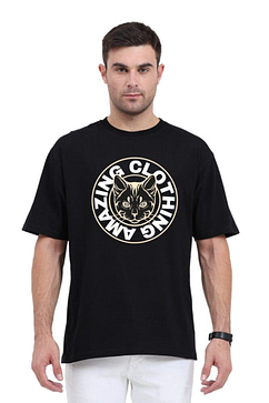 A person showcasing a black over sized t shirt with a striking white circular graphic,