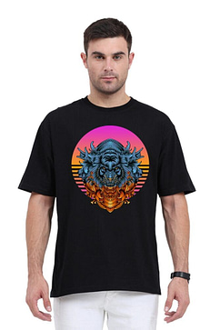 A unisex oversized black t-shirt featuring a vibrant cosmic and geometric graphic, perfect for a bold and comfortable fashion statement for both women and men