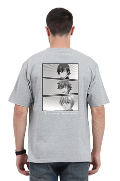 Back view of an oversized anime tshirt with a black and white anime character design