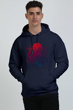 a person is wearing navy blue oversized hooded sweatshirt with a colorful graphic design on the front.