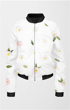 A white bomber jacket for women with a black collar, cuffs, and hem featuring a floral pattern of pink daisies with yellow centers and green leaves. The jacket has a front zipper and two side pockets.