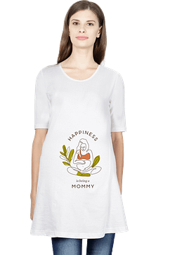 A stylish maternity t-shirt featuring the phrase "Happiness Mommy," perfect for celebrating motherhood in comfort.