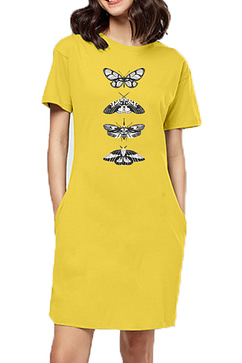 A woman models a yellow t-shirt dress adorned with a butterfly design, showcasing a stylish and casual summer look.