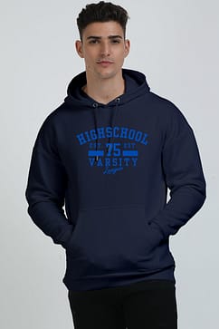 A person wearing a navy blue hoodie with "Highschool Varsity 75" in blue text on the front.