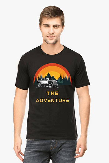 White Adventure graphic t shirt for men featuring a scenic mountain and forest print