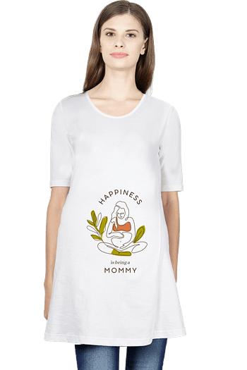 A stylish maternity t-shirt featuring the phrase "Happiness Mommy," perfect for celebrating motherhood in comfort.