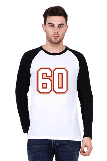 Man wearing a stylish white and black raglan T-shirt with the number 60 printed on it, paired with jeans.