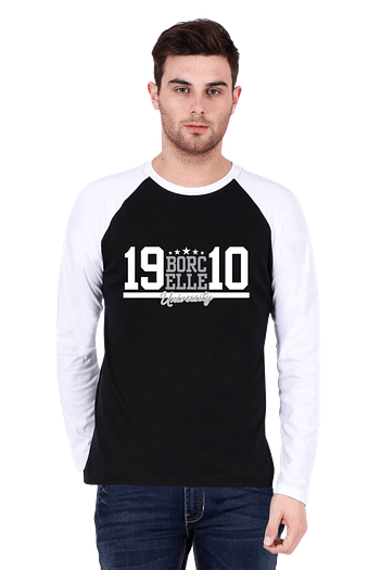 A man in a stylish raglan t-shirt stands against a plain background, his white and black shirt featuring the bold text "BORCELLE 19 10.