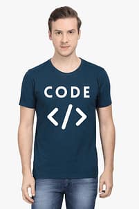 LOOGA Online Shop | Buy Trendy T Shirts For Men & Women 33 Person wearing a dark blue Techie's Classic T-Shirt with the word ‘CODE’ in white letters above coding angle brackets symbol