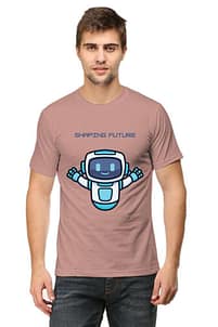 LOOGA Online Shop | Buy Trendy T Shirts For Men & Women 35 A person wearing a unisex t-shirt in a muted pink color. The t-shirt features a graphic print of a blue robot with the text “BEYOND FUTURE”