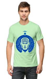 LOOGA Online Shop | Buy Trendy T Shirts For Men & Women 31 A South Asian model with short hair, wearing a comfortable unisex round neck AI-Inspired T-Shirt in a neutral color