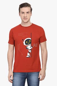 LOOGA Online Shop | Buy Trendy T Shirts For Men & Women 31 A South Asian model with medium-length hair, wearing a comfortable unisex t-shirt in a neutral color with a captivating AI-inspired graphic printed on the front.