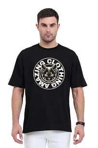 LOOGA Online Shop | Buy Trendy T Shirts For Men & Women 38 A person showcasing a black over sized t shirt with a striking white circular graphic,