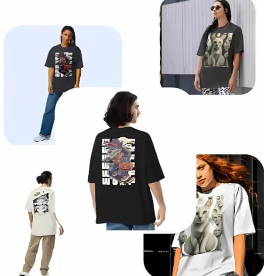 LOOGA Online Shop | Buy Trendy T Shirts For Men & Women 29 A collage of five images showcasing a t-shirt with a graphic print, worn by different models in various poses