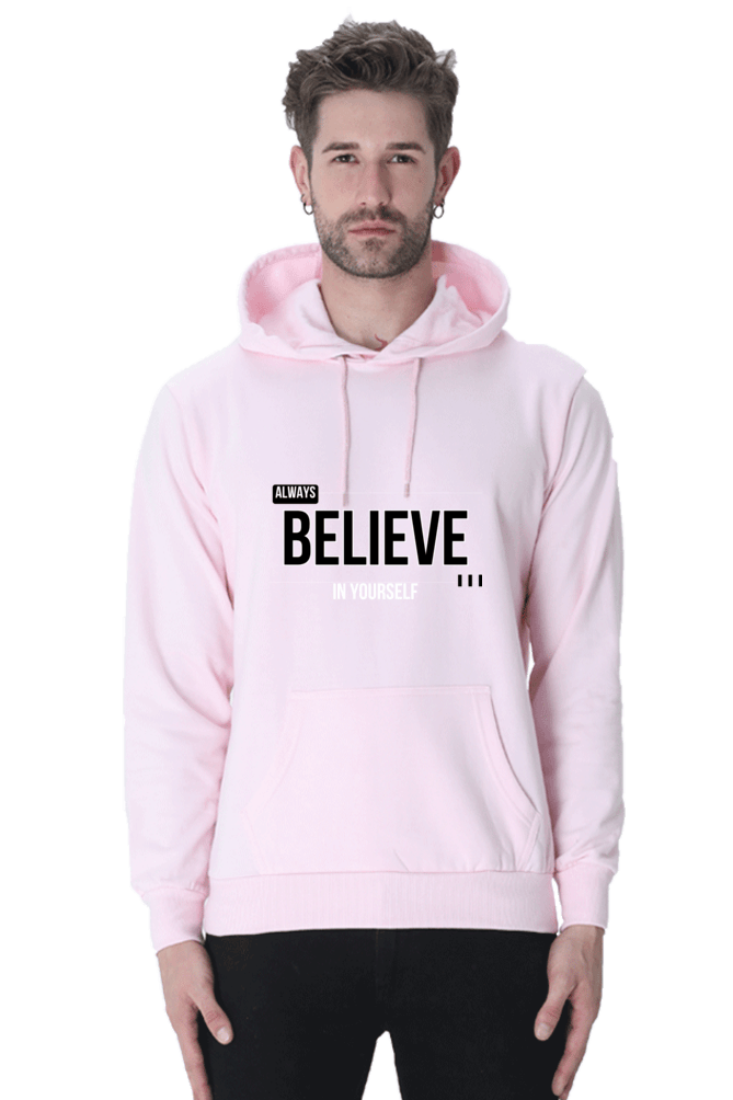A man wearing a light pink Always Believe in Yourself Hooded Sweatshirt, known for its soft, breathable fabric and style for men and women, exudes calm confidence akin to Loogas serene landscapes. A man wearing a light pink Always Believe in Yourself Hooded Sweatshirt, known for its soft, breathable fabric and style for men and women, exudes calm confidence akin to Loogas serene landscapes.