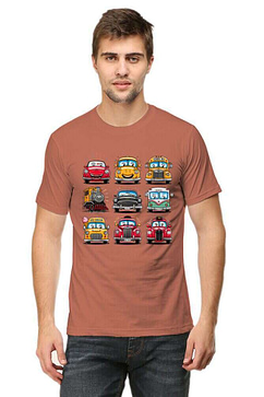 A South Asian male model with short hair, wearing a comfortable men's round neck half sleeve Cartoon Cars T Shirt in a neutral color