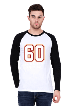 Man wearing a stylish white and black raglan T-shirt with the number 60 printed on it, paired with jeans.