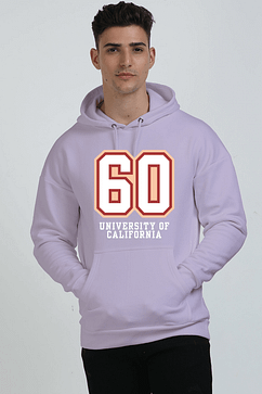 Wearing a stylish Lavender hoodie with 60 and University of California on the front, a person with short dark hair confidently stands against a plain background, effortlessly showcasing the perfect mix of heavyweight hoodies and style.