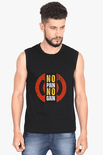 Black sleeveless gym fitness t shirt with a bold ‘No Pain No Gain’ emblem in red and yellow on the front, designed to motivate and enhance workout sessions.