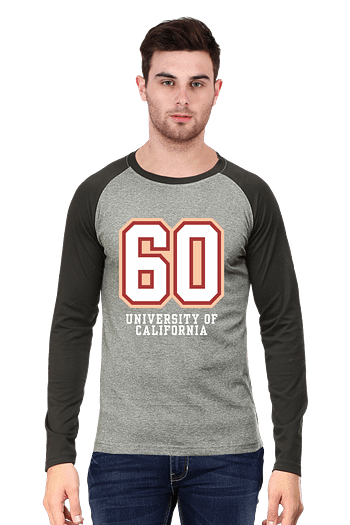 A man with dark hair and a beard wears a Stylish Raglan T-Shirt from Looga.in, featuring gray front and black sleeves, with a large red and white 60 above University of California, adding an edgy flair as he stands against a plain white background.