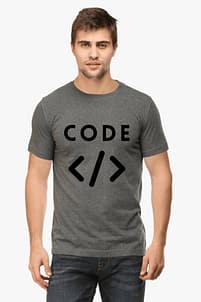 LOOGA Online Shop | Buy Trendy T Shirts For Men & Women 32 Person wearing a dark gray Premium Classic T-Shirt with the word ‘CODE’ in white letters above coding angle brackets symbol
