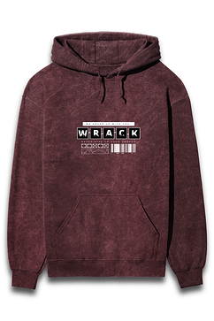 Explore the Maroon unisex acid wash hoodie, featuring a large front pocket and adjustable drawstrings. It showcases a bold black and white Wrack design above barcode-like patterns, blending style and comfort flawlessly.
