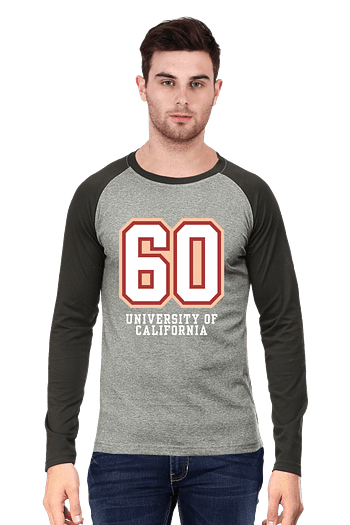 A man with dark hair and a beard wears a Stylish Raglan T-Shirt from Looga.in, featuring gray front and black sleeves, with a large red and white 60 above University of California, adding an edgy flair as he stands against a plain white background.