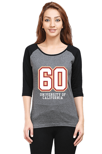 A person wearing a gray and black raglan shirt with the number 60 and University of California printed on the front. She is smiling and standing against a plain background.