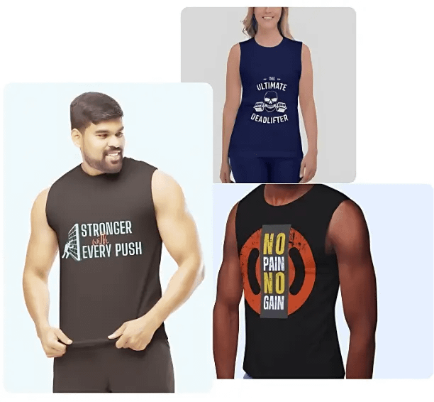 LOOGA Online Shop | Buy Trendy T Shirts For Men & Women 28 A collage of three individuals modeling different workout tank tops with motivational slogans