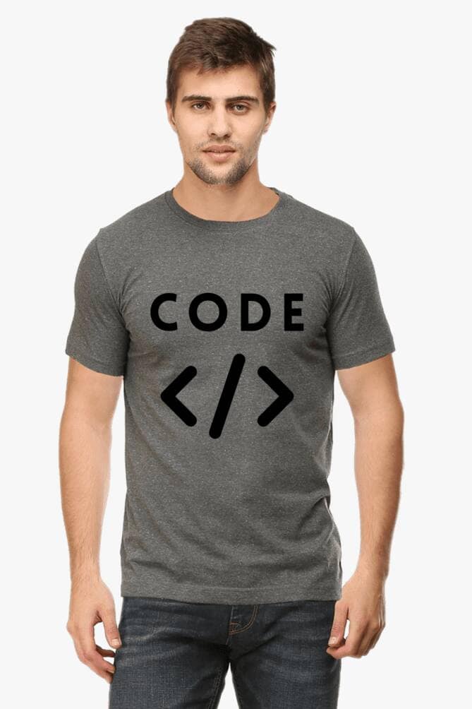 Charcoal Melange Person wearing a dark gray Premium Classic T-Shirt with the word ‘CODE’ in white letters above coding angle brackets symbol