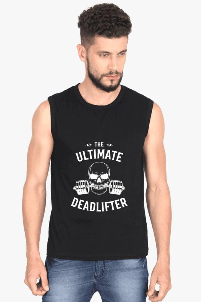 Black Black sleeveless gym tank tops with text and character illustration, worn by a person