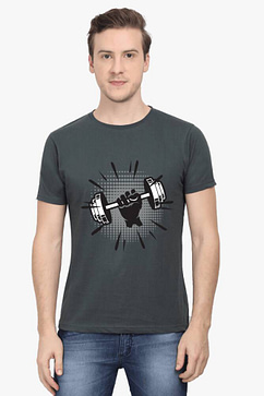 Active lifestyle embodied in a fitness t shirt, featuring a central graphic design of gym equipment and weights