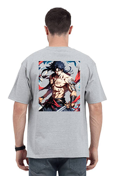 A trendy anime oversized t shirt featuring a vibrant back print with dynamic anime characters,