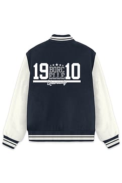 A black and white varsity jacket with "BORCELLE University 1910" printed on the back.