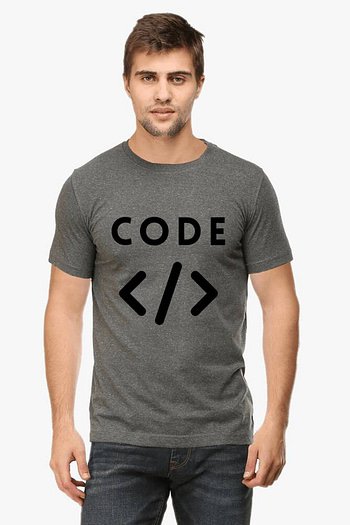 Person wearing a dark gray Premium Classic T-Shirt with the word ‘CODE’ in white letters above coding angle brackets symbol