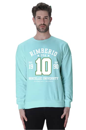 A man wears a light blue unisex sweatshirt named Mint, featuring the text Rimberio USA 10, Est. 1990, Borcelle University, Varsity Team in white and green on a plain white background that highlights its unique charm.