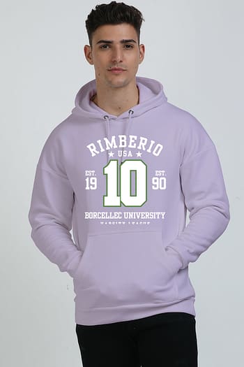 A person wears a light purple Heavy Cotton Hoodies - Comfort and Style for Every Season featuring Rimberio USA, Borcellec University, number 10, small stars, and Est. 1990. Standing against a plain background, it showcases the hoodie’s stylish comfort and durability.