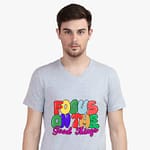 A light gray v neck t shirt with a vibrant ‘Love’ graphic,