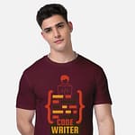 Maroon Programmer T-shirt showcasing a unique coding-inspired graphic design,