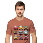 A South Asian male model with short hair, wearing a comfortable men's round neck half sleeve Cartoon Cars T Shirt in a neutral color