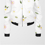 A white bomber jacket for women with a black collar, cuffs, and hem featuring a floral pattern of pink daisies with yellow centers and green leaves. The jacket has a front zipper and two side pockets.