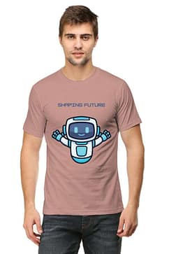 A person wearing a unisex t-shirt in a muted pink color. The t-shirt features a graphic print of a blue robot with the text “BEYOND FUTURE”