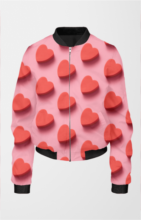White A pink bomber jacket for women with a design of red, three-dimensional hearts scattered across. The jacket has a black collar, cuffs, and hem.